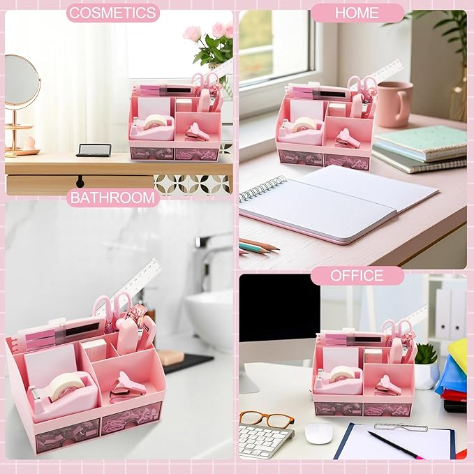 Feifeiya 18 Pack Pink Office Supplies Desk Accessories for Women Desk Organizer Box Calculator Staple Remover Stapler Scissors Clips Mouse Pad Sticky Notes Index Notes Tape Dispenser Ruler Tap Pen