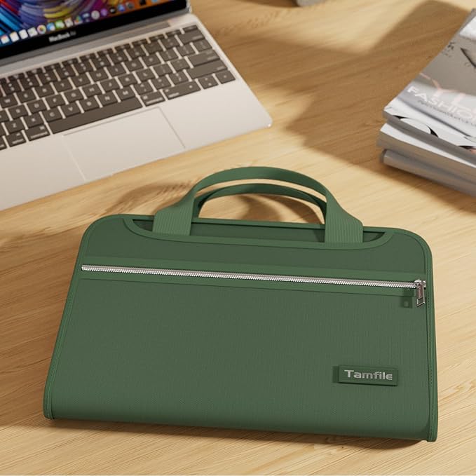 Tamfile Fireproof Accordion File Organizer with Handle, 13 Pocket Colorful Expanding File Folder with Zipper & Labels, File Folder with Multi-Pockets Paper Organizer Folder for Letter A4 Files (Green)