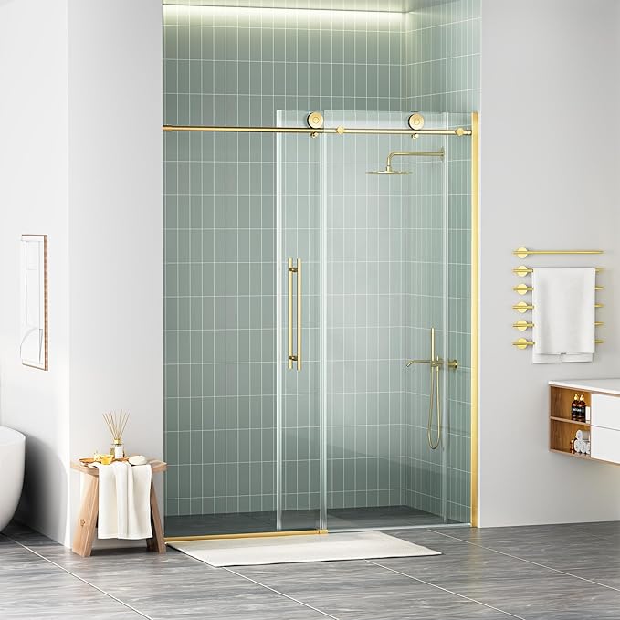 WinZo Frameless Shower Door 56-60 in W x 75 in H, Sliding Shower Door with 5/16"(8mm) Clear Tempered Glass Shower Doors, Easy to Clean Bathroom, Silent Soft-Close Design, Brushed Gold