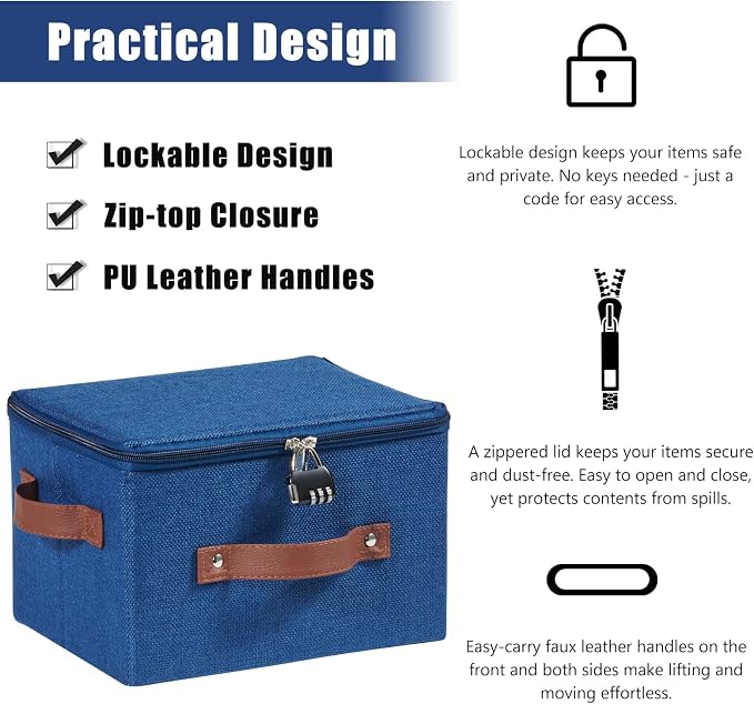 Storage Bins Boxes with Zipper Lid Combination Lock PU Leather Handles Cotton Linen Fabric Lidded Lockable Baskets Foldable Washable Closet Shelf Organizer Container (Deep Blue, Small)