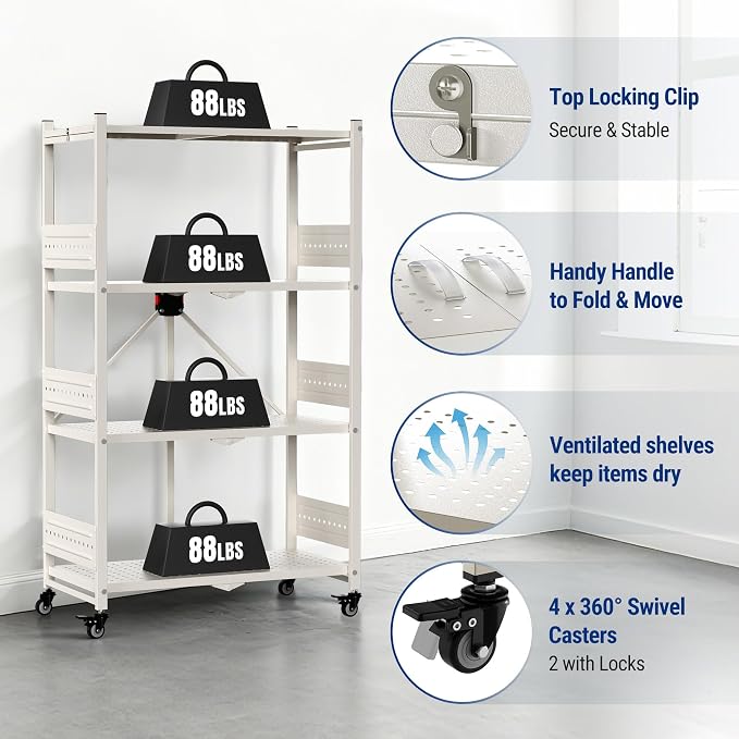 WORKPRO 4-Tier Folding Shelf, No-Assembly Metal Storage Rack with Wheels, 600 lbs Capacity (with Leveling Feet), Collapsible Shelving Unit for Kitchen, Pantry, Closet & Craft Shows - White