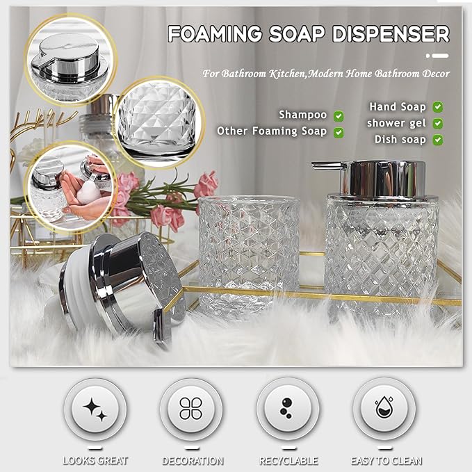 Glass Hand Foaming Soap Dispensers with Silver Pump Refillable Hand Soap Dispenser for Bathroom Kitchen (2Pack-D884+D888)