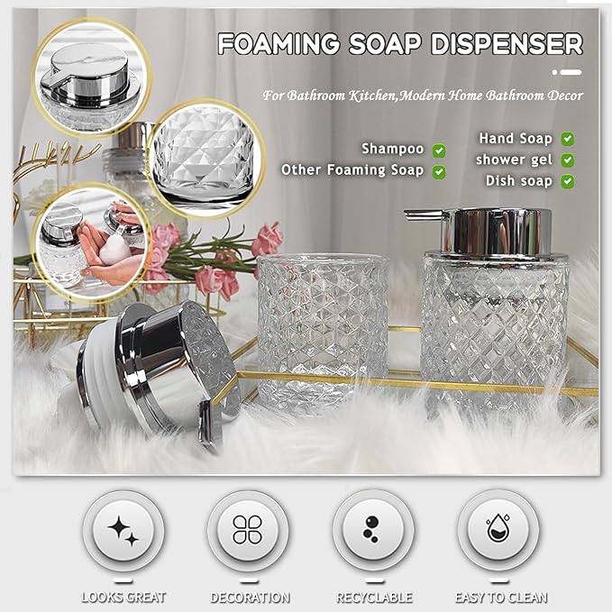 Glass Hand Foaming Soap Dispensers with Silver Pump Refillable Hand Soap Dispenser for Bathroom Kitchen (1Pack-D883)