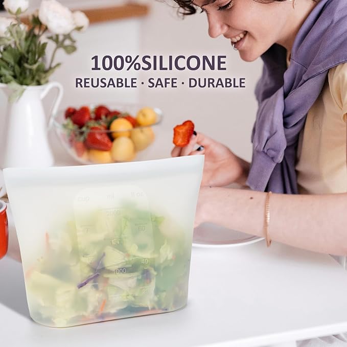 Large Reusable Silicone Food Storage Bags 4 Pack, 0.52 Gallon/2000ml, 100% Silicone Stand-Up Wide-Open Zip-Lock Reusable Bags for Large Items, Microwave Freezer Oven Dishwasher Safe, Translucent