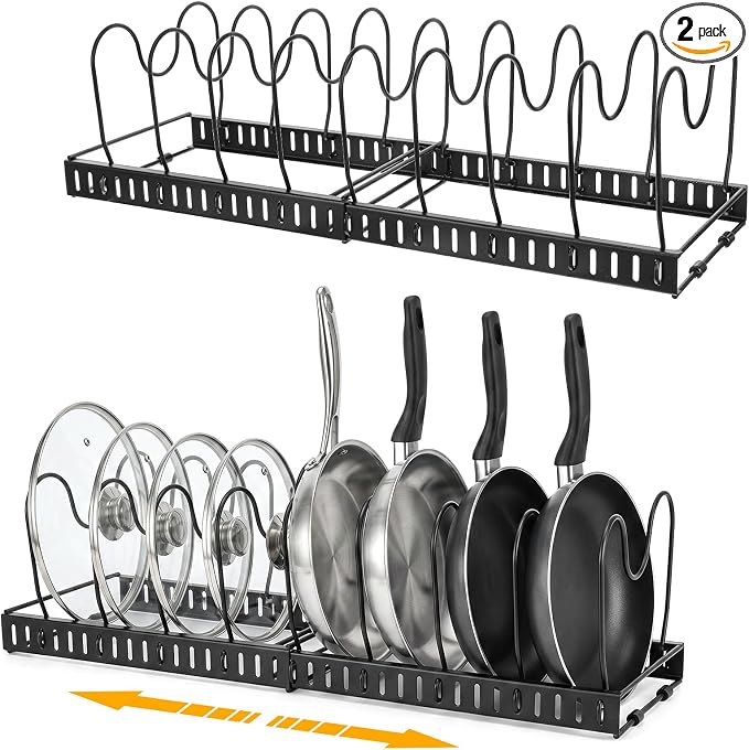 2 Pack Pot and Pan Organizer Expandable 12-23 Inch Pot Lid Pan Organizers Inside Cabinet with 14 Adjustable Dividers Heavy Duty Iron Storage Rack for Pots Pans Lids Black