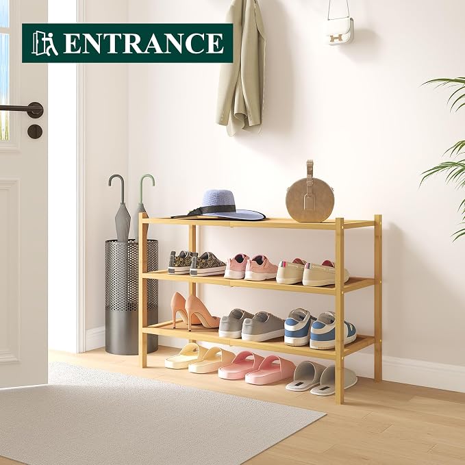 Smiry Bamboo Shoe Rack, 3 Tier Shoe Organizer for Entryway & Closet, Stackable Free Standing Storage Shelf for Shoes, Bags & Plants, Natural