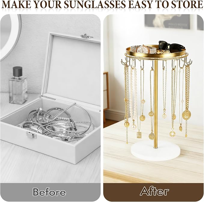 Necklace Holder Metal Jewelry Organizer Stand, Necklace Organizer Hanger with Tray & Hooks for Desk, Jewelry Holder for Necklaces Bracelets and Keychains, Elegant Home Hanging Decor - Gold