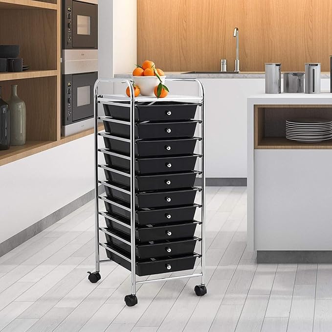 LDAILY 10-Drawer Rolling Storage Cart, Rolling Storage Cart, Storage Organizer on Wheels, Metal Frame, Scrapbook Paper Tools, Suitable for Office School, Classroom (Black, 10 Drawer)