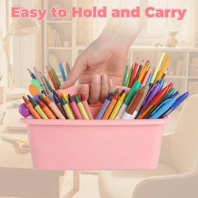 Kathfly 12 Pack Classroom Caddy Organizer with Handle, Plastic Art Craft Cleaning Caddy Bulk, Small Multipurpose Supply Organization Storage Basket for Table Desk Office Pencil Teacher (Macaron Color)