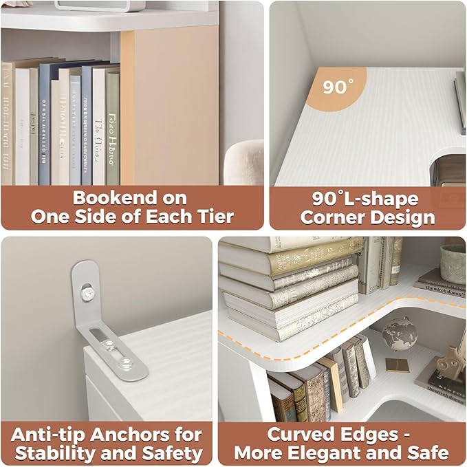 Besiost Corner Book Shelf, 7-Shelf Corner Bookshelf for Small Corner Spaces, L-Shape Bookcase Corner Display Shelf for Home Office, Living Room, Bedroom, Kitchen Pantry, White