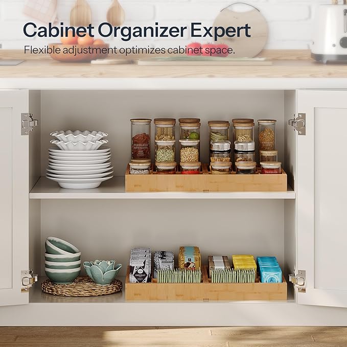HOOBRO Large Silverware Organizer Kitchen Drawer Organizer, Magnetic Connected Expandable Utensil Organizer From 22.8 to 35.4 Inches, Bamboo 16 Slots Cutlery Tray with Knife Holder, Natural YL07TL01