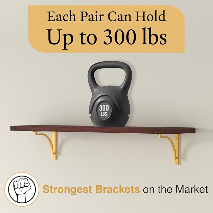 Classic Brass Heavy Duty Shelf Brackets 12 inch by Balin Designs – Gold L Bracket, Wall Mounted Support, Shelving Metal Bracket, Decorative Shelf Brackets, with Hardware Included, Set of 2