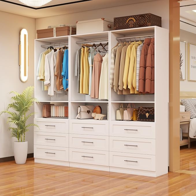 Closet System with 9 Drawers, 6FT-15FT Closet Organizer System Wooden Walk-in Closet Shelf Corner Small Closets Storage System with 6 Hanging Rods Freestanding Modular White, 3 Sets