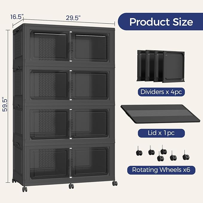 160GAL Extra Large Storage Bins with Lid, 640Qt Stackable Closet Organizers and Drawers, Collapsible Storage Bins with Wheels, Folding Containers for Home, Kitchen Office, 4Pack Black