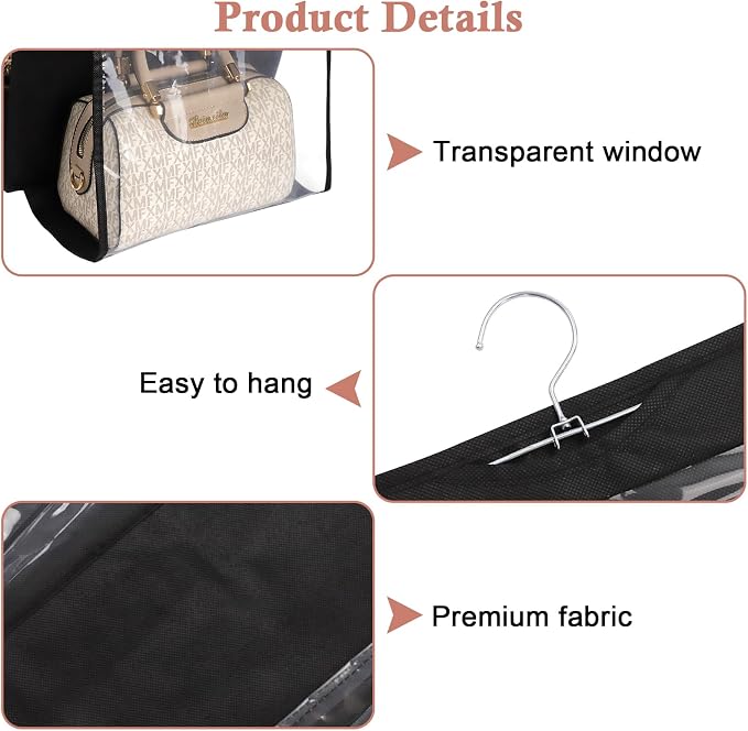 3 Pack Purse Organizer for Closet, 8 Pockets Black Handbag Hanging, Handbag Storage, Purse Closet Organizer Clear Window Purse Hanger and Handbag Organizer for Space Saving