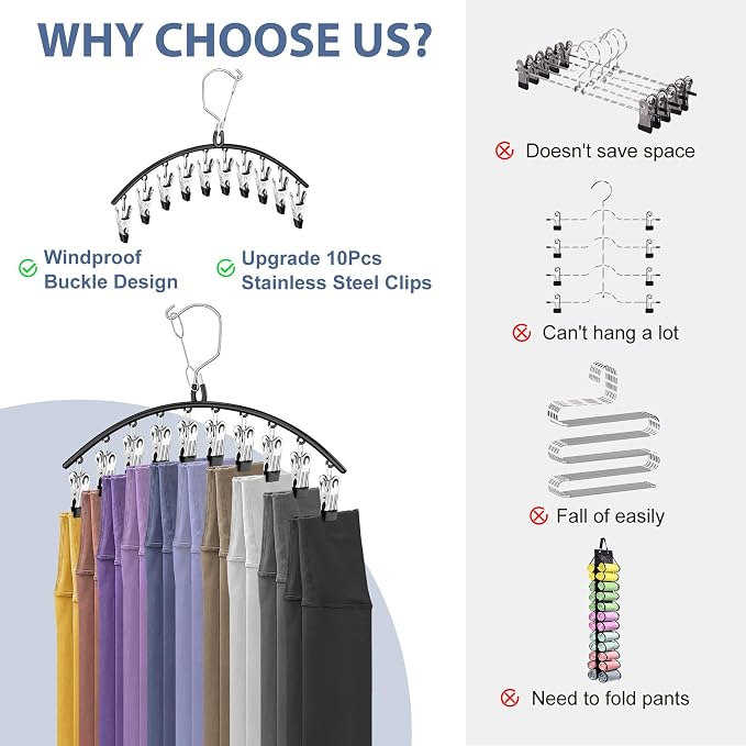 3 Pack Skirt Pants Hangers with Clips, Legging Organizer for Closet Hanging with 10 Cilps Holds 30 Leggings/Shorts/Jeans/Skirts Pants Hangers Space Saving Closet Organizers and Storage, Blue