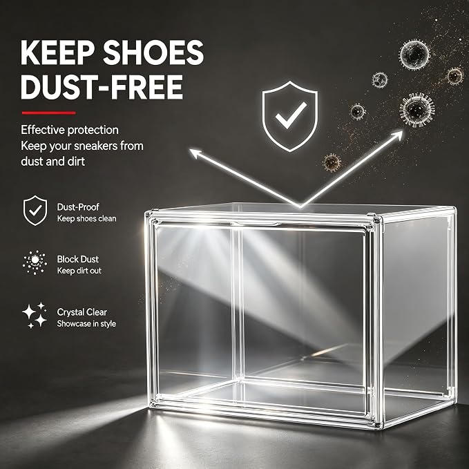 5 Pack Clear High-Top Sneaker Storage Boxes, Acrylic Shoe Organizer | Extra height 10.6'' for high-top sneakers & athletic footwear Size 11.Stackable display design keeps collections organized