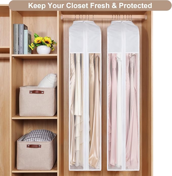 60" Premium Cotton Garment Bag for Hanging Clothes and Storage, Breathable Dress Bags for Gowns with Extra Large 10" Gusseted & Clear Window, Dust Cover with Zipper for Long Dresses, 3 Pack