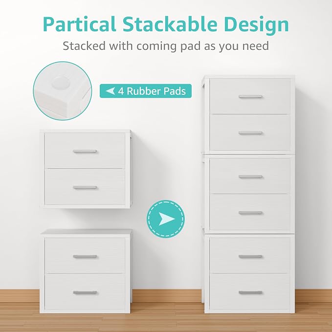 BOLUO Stackable Storage Drawers Closet Organizers and Storage Fabric White 2 Drawer Dresser for Bedroom 2 Packs Modern
