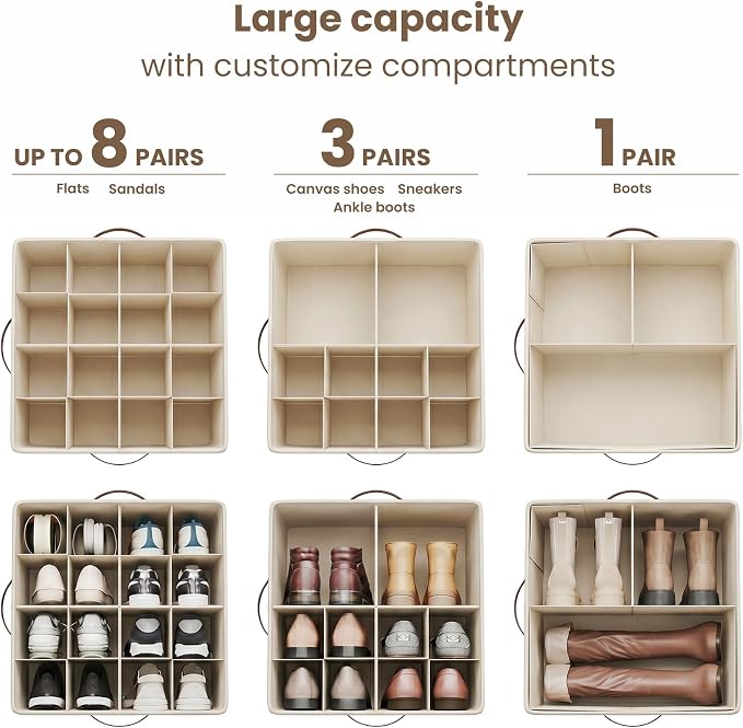 Varhomax Shoe Organizer Box for Closet, Fabric Shoe Storage Bin with Adjustable Dividers & Clear Cover, Holds up 16-32 Pairs of Sneakers & Sandals for Entryway, Cubby, Beige 2 Pack
