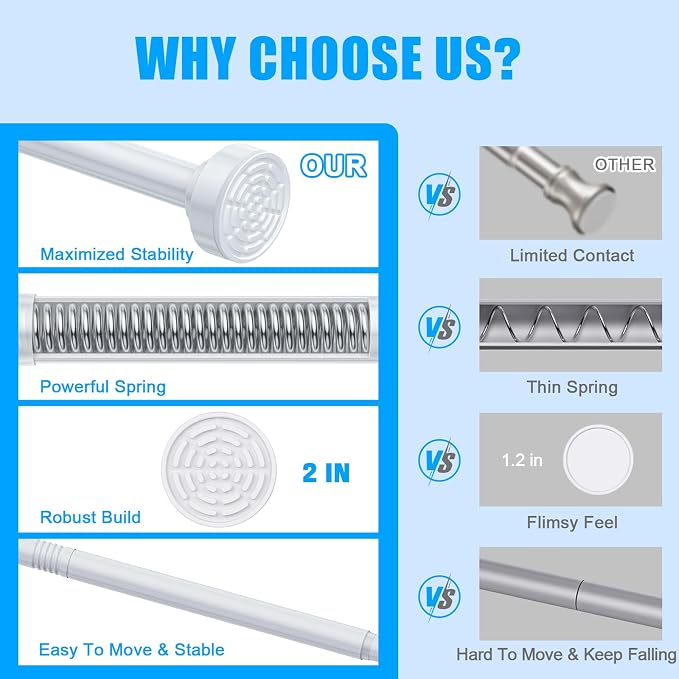 TEECK 2 Pack Shower Curtain Rod, 32-43 inch Adjustable Spring Tension Curtain Rod, Never Rust Anti-Slip Shower Curtain Rod for Bathroom, No Drilling, Never Collapse, Easy to Use, White