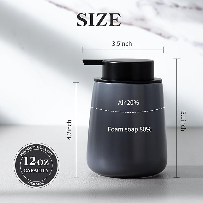 Enra Grey Soap Dispenser,12 oz Ceramic Hand Lotion Dispenser, Refillable Dish Soap Dispenser,Modern Liquid Soap Dispenser for Bathroom,Kitchen with Easy-to-Press Pump (Liquid-Gray)