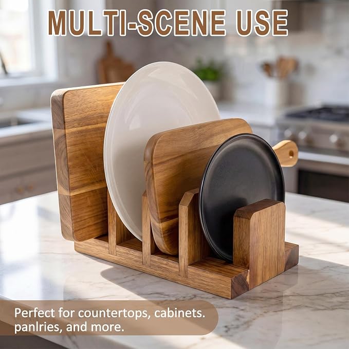 Acacia Wood Cutting Board Holder, 4 Slot Cutting Board Organizer Rack, Baking Pan, Bakeware & Knife Holder, Cabinet and Countertop Storage Stand for Kitchen, Dish, Plate, and Cookbook