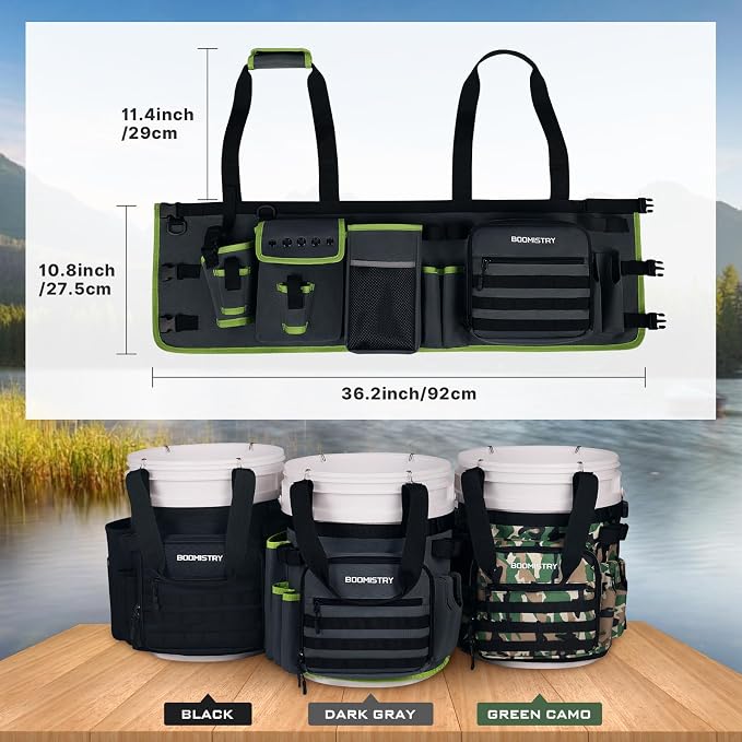 Boomistry Fishing Bucket Organizer for 5 Gallon Bucket, Dark Gray | 15 Multi-Pockets, 4 Built-in Rod Holder Storage, 3 Adjustable Buckles, for All Fishing Gear & Tackle Accessories