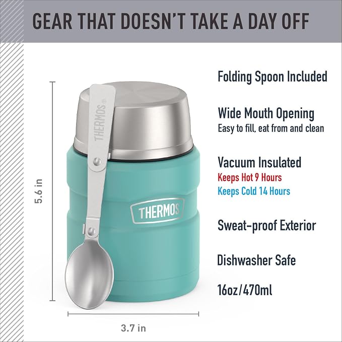 THERMOS Stainless King Vacuum-Insulated Food Jar with Spoon, 16 Ounce, Matte Teal