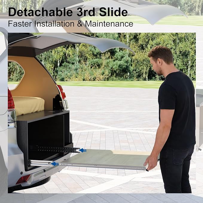 VADANIA #XD76 44" Detachable Locking Heavy Duty Drawer Slide | 3" Widening Up to 330lb Load Capacity, 3-Fold Full Extension, Ball Bearing Lock-in & Lock-Out, Side Mount, 1-Pair