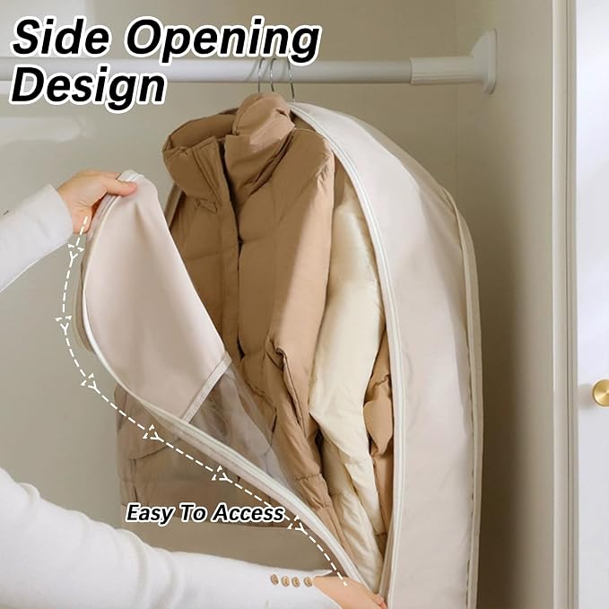 Space Saving Hanging Garment Bag with Self Compression Zipper，Dust Cover Clothes Bags for Down Coat,Dress,Suit，Closet Storage Organizer for Home Travel Use (Beige, M+L+XL)