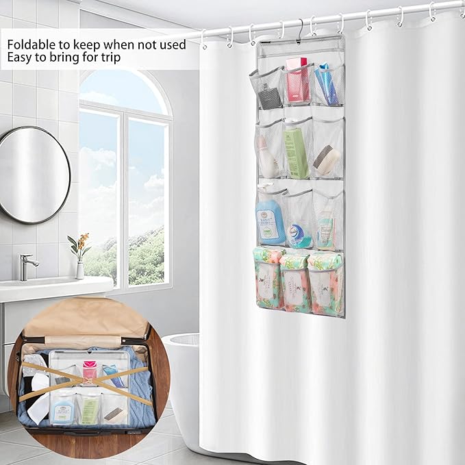 Mesh Shower Organizer Hanging Caddy Quick Dry Bathroom Storage for Toiletry Accessories with Rotating Hanger (12 Pockets)