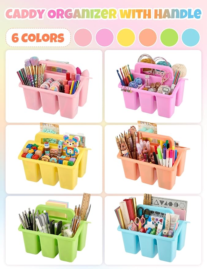 6 Pack Classroom Caddy Organizer with Handle, Table Caddy Classroom | 4 Compartments, 9×6.3×6.7 inches, Thick Durable PP Plastic, Built-in Handle, Stackable Design, for Classroom Desk Office Home