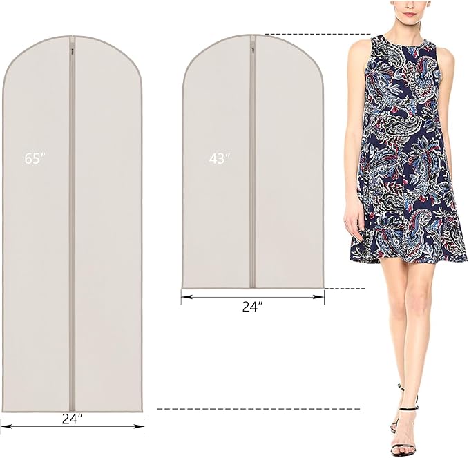 Zilink 65'' Dress Bags for Gowns Long Clear Garment Bags for Hanging Clothes Foldable Dress Covers Garment Bag for Closet Storage and Travel - Beige, 3 Pack