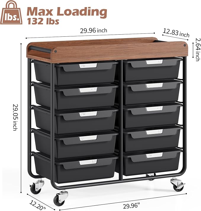 10 Drawers Rolling Cart with Wooden Tabletop, Utility Storage Cart with Wheels, Art Supply Craft Organizer on Wheel with Metal Frame & Handles for Home Office School,Black