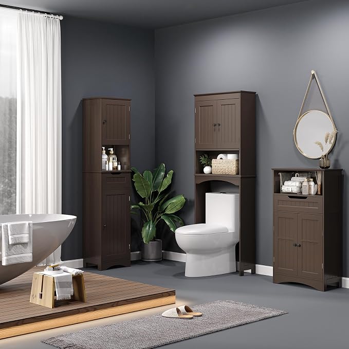 Bealife Over The Toilet Storage Cabinet with Open Shelf - Espresso | Over Toilet Bathroom Organizer with Adjustable Shelf and Double Doors, Space Saver Free Standing Storage Shelf for Bathroom
