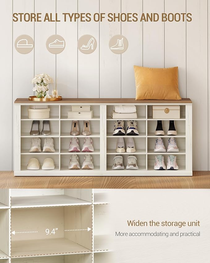Hzuaneri Shoe Storage Bench, Wooden Entryway Shoe Benches with Cubby | Widened Wooden Farmhouse Shoe Bench with Compartments, Shoe Rack Benches for Cloakroom, Living Room, Antique White SB24614X