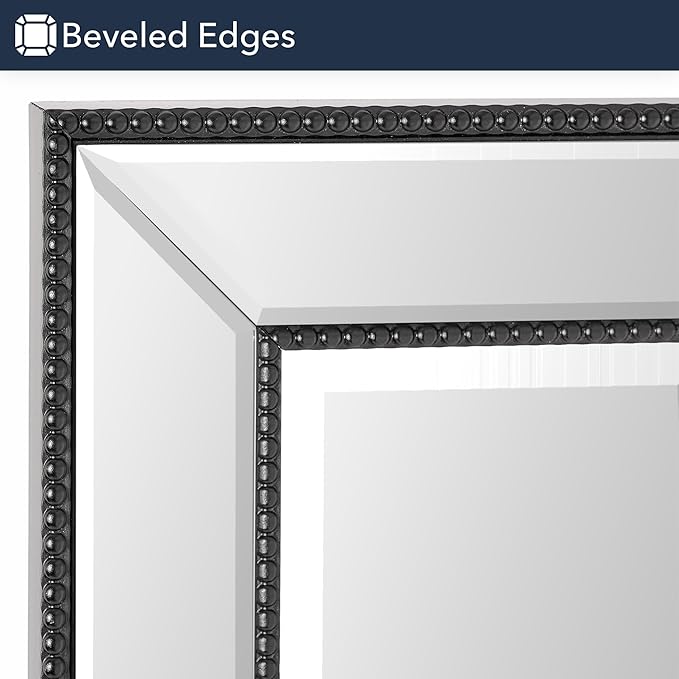 Head West Black Stylish Sleek Metro Beaded Medicine Cabinet with Mirror, Bathroom Wall Mount Storage Organizer with Glass Shelves - 16" x 26"