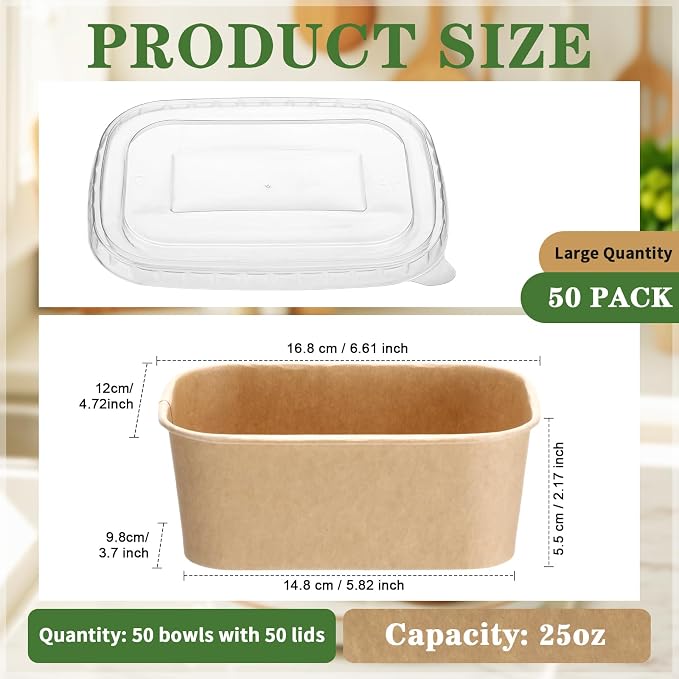 Maxdot 50 Pack 25 oz Disposable Food Containers with Lids Paper Food Containers Bowls for Meal Prep, Salad, Ice Cream, Yogurt, Soup Bowls Party Leftover Box