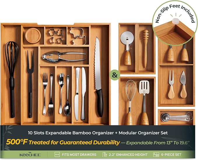 keechee 6-Piece Bamboo Drawer Organizer Set, 2.2" Deep Multi-Use Organizers for Utensils, Silverware, Cutlery, Desk, Bathroom, Junk Drawer & Makeup, Non-Slip Feet Included.