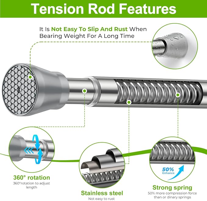 HAOYUNIE 2 Pack Tension Curtain Rods, 28-49 Inches Adjustable Spring Tension Rods, No Drill No Slip, for Windows, Doorway, Bathroom & Closet (silver)