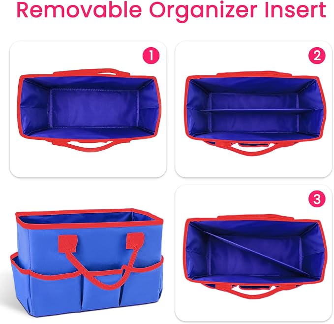Desktop Tote and Organizer, Teacher Helper Bag for Arts, Books, Stationery, Office Desk, Make-up Storage with Handles for Travel (Blue)