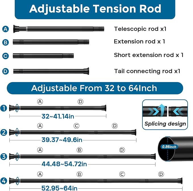 1PCS Spring Tension Curtain Rods 32 to 62 Inch Black Tension Rod Spring Tension Rod long Curtain Rod Tension Adjustable Curtain Rods for Kitchen