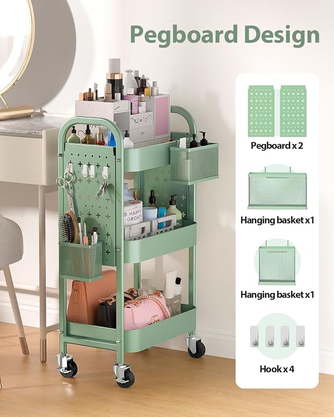 ALVOROG 3 Tier Metal Rolling Utility Cart with Pegboards,Baskets,Hook,Green | More Storage Craft Cart with Pegboards,Lockable Wheels,Hooks & Baskets to Organize Kitchen,Office,Bedroom and DIY Supplies