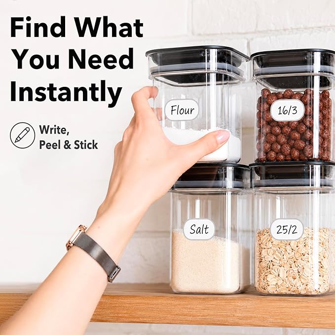 CHUBBIEE Waterproof Vinyl Kitchen Labels for OXO POP Containers, Removable Writable Food Storage Stickers, Tear-Resistant Pantry Organization Decals for Plastic, Glass Jars, 2 Sizes, 64-Pack