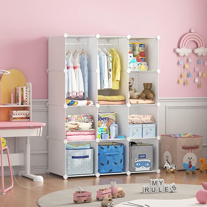VIPZONE Baby Closet,Dresser, Kids Closet Organizers, Portable Kids Wardrobe for Closet, Bedroom, Nursery, Cubby, Cabinet, Clothes, Dress, Baby Storage Shelf, Armoire Clothes Hanging (12 Cube, White)
