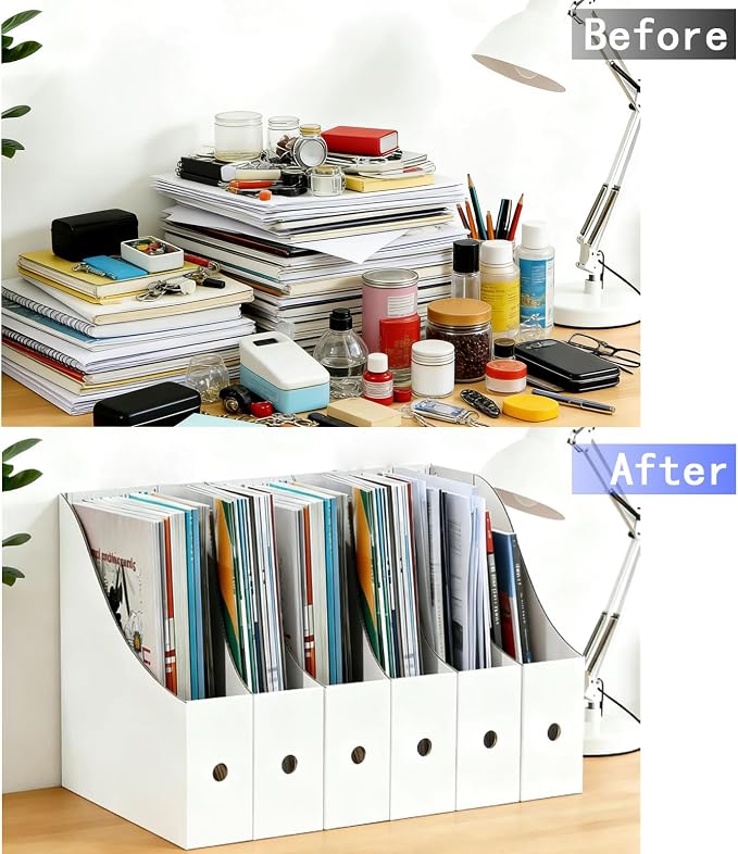 Limitliho 6 Pack White Magazine File Folder Holder for Desk, Book Bins for Classroom Library,Office,Home, 10.6" H x 10.2" L x 3.5" W in Cardboard Paper Organizer