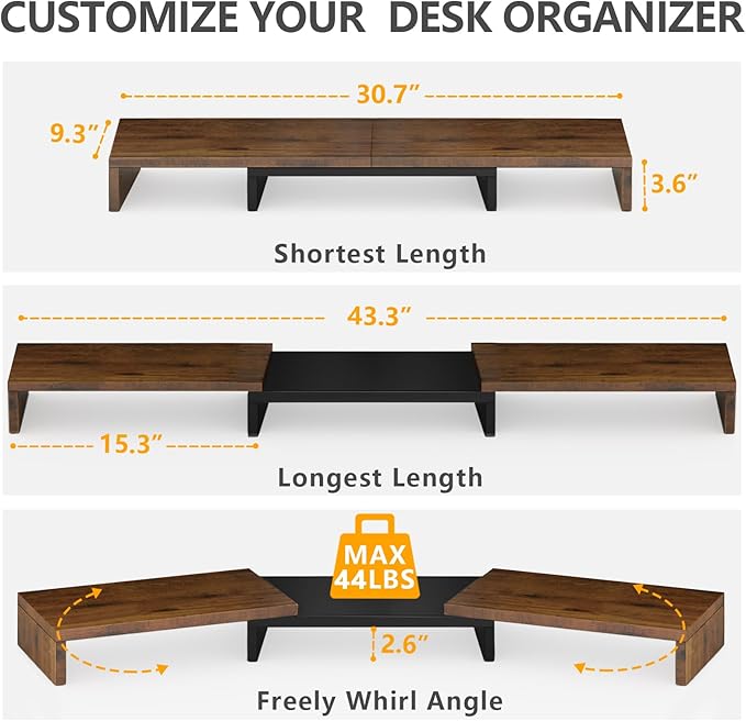 TAVR Dual Monitor Stand Riser, Wooden Computer Monitor Stand for 2 Monitors | Extra Long Multifunctional Desktop Organizer Riser for TV, PC Monitor, Laptop, Printer, Max 43.3" Length, Rustic Brown