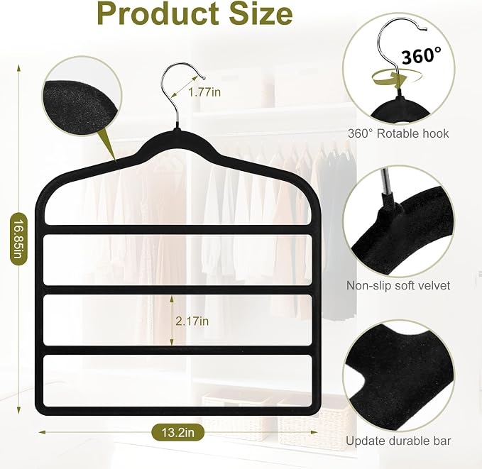 Pants Hangers Space Saving, 2 Pack Velvet-Coated Plastic Multi-Layer Hangers, Non-Slip Closet Organizer for Small Closets and College Dorms, Hanging Trousers, Scarves, Ties, Towels, Black