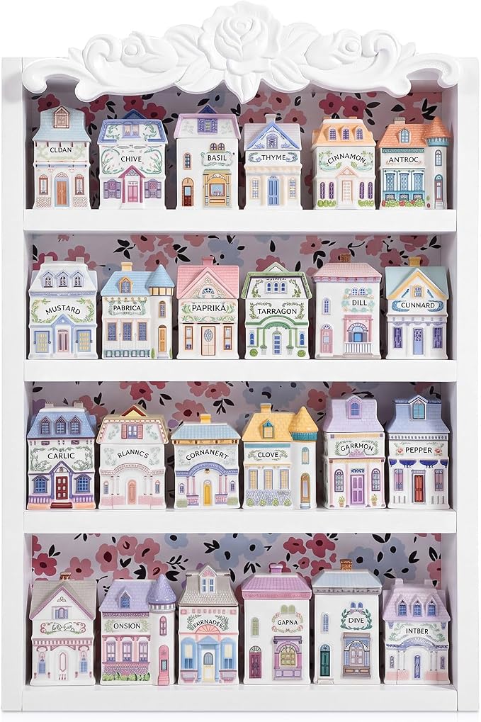 Chunful Vintage Spice Jar Wooden Rack White Rose Carved Spice Shelf for 24 Jars, Village Style Wall Mounting Kitchen Storage Decorative Hanging Display Rack, Shelf Only (19.29 x 13.19 x 3.15 Inches)